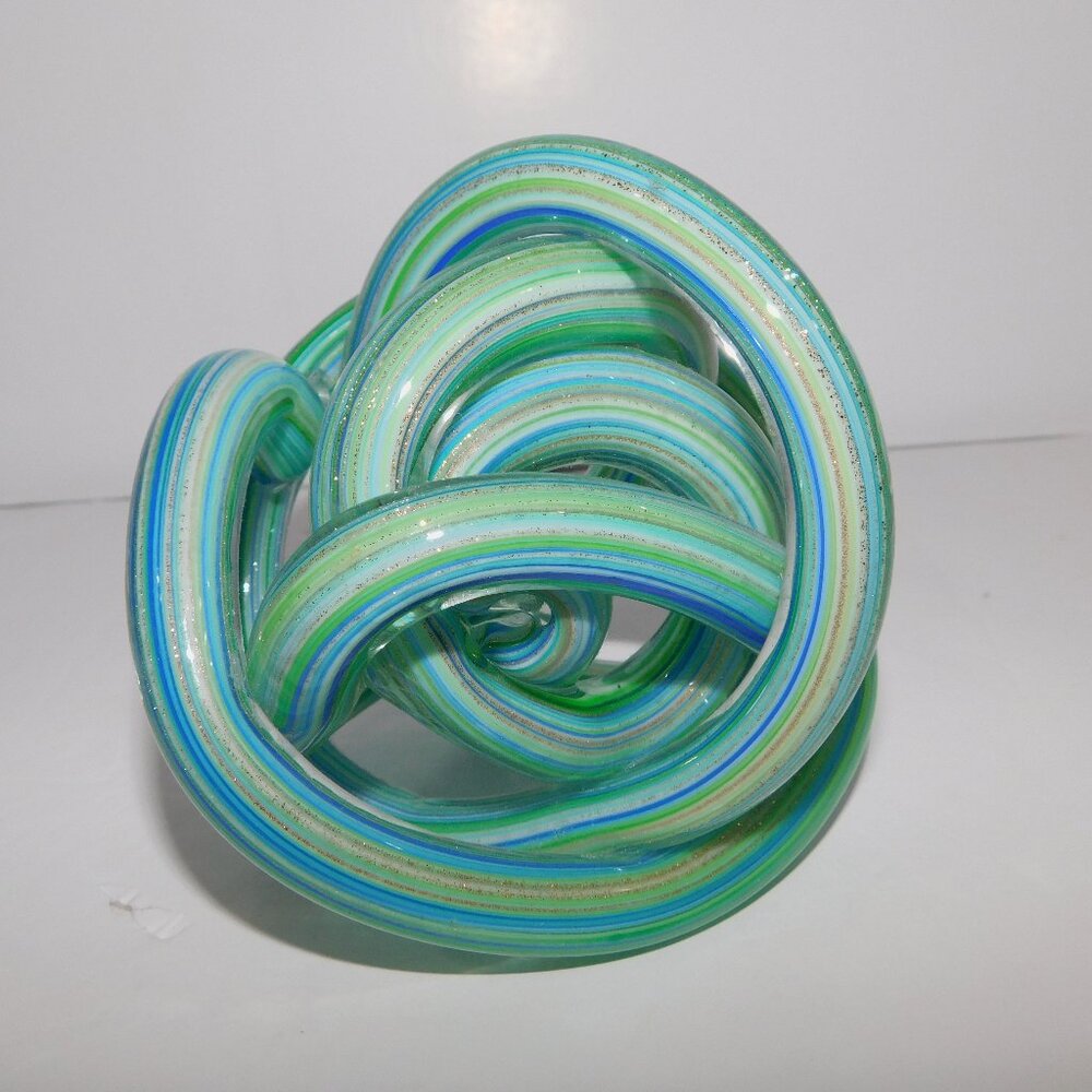 Endless Knot Blown Glass Paperweight Home Desk Decor Green Blue Aqua Gold
